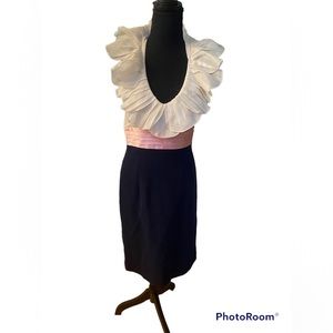 Escada dress new size 34. With tags blue skirt cream ruffle top